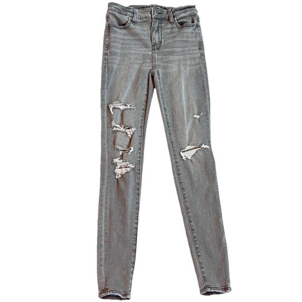 American Eagle Next Level Stretch High Rise Light Gray Denim Distressed Jeans 0